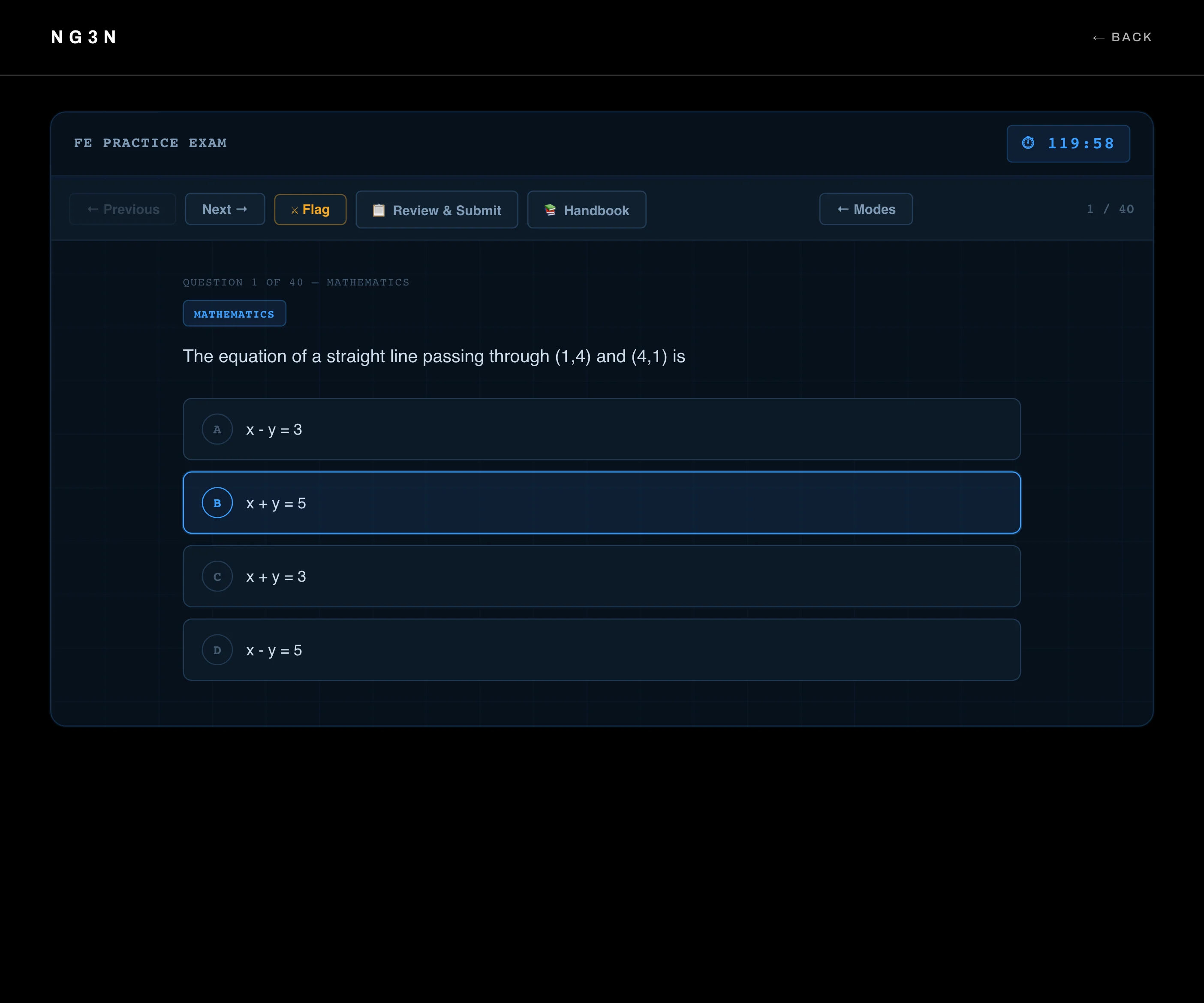 FE Exam Trainer: examen cronometrado en curso, con el reloj, la pregunta y las opciones.